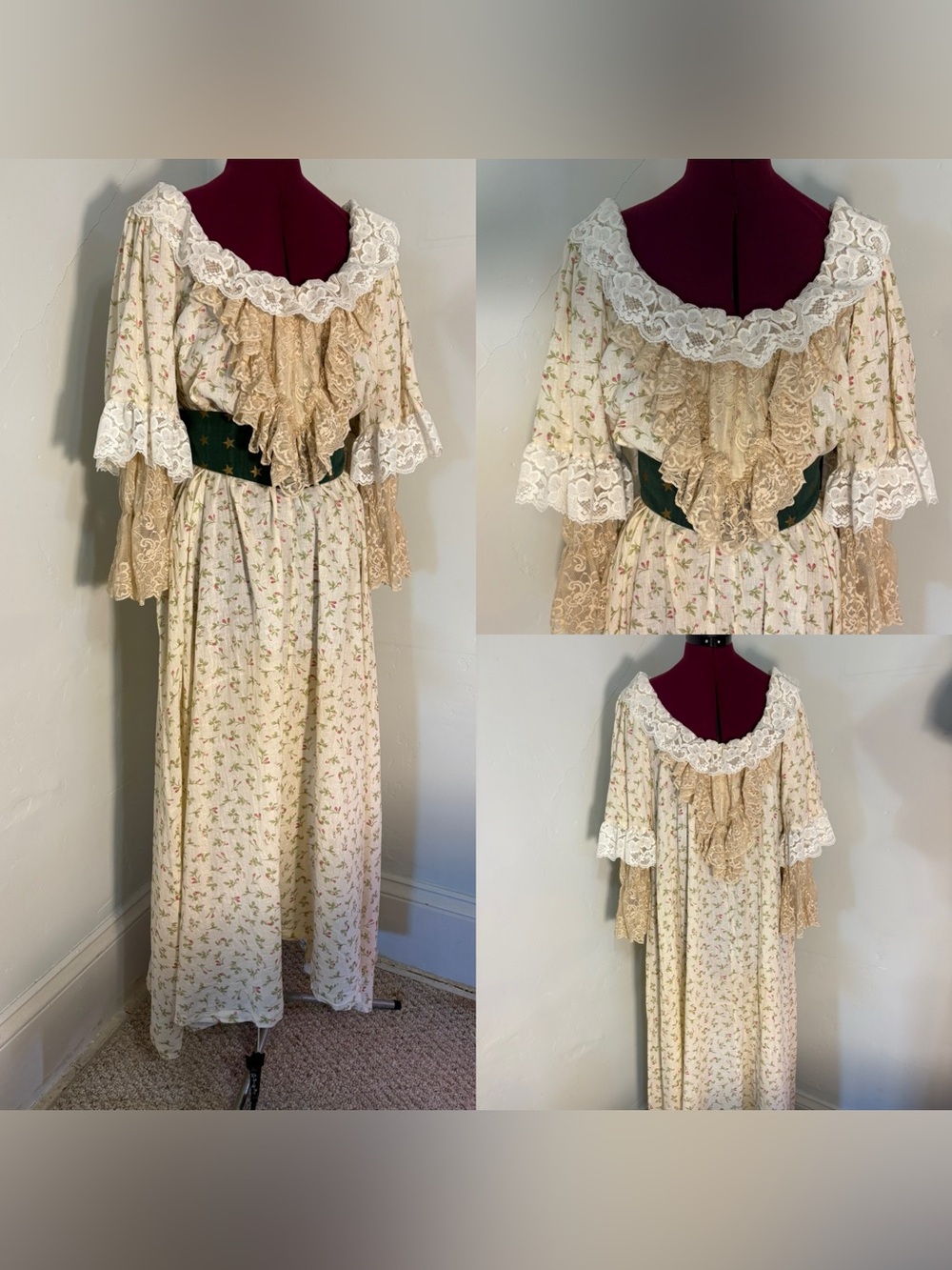 Guilded Age 19th c. Victorian style house dress gown cotton lace historical m/l